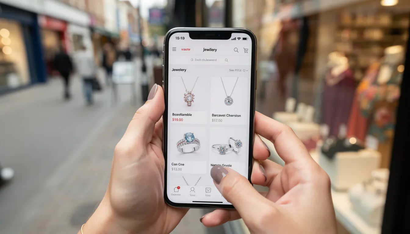 A woman's hands are holding a smartphone, browsing through various jewellery options, with a bustling high street visible in the background. This scene captures the essence of local shopping, highlighting the importance of local businesses in attracting nearby customers.