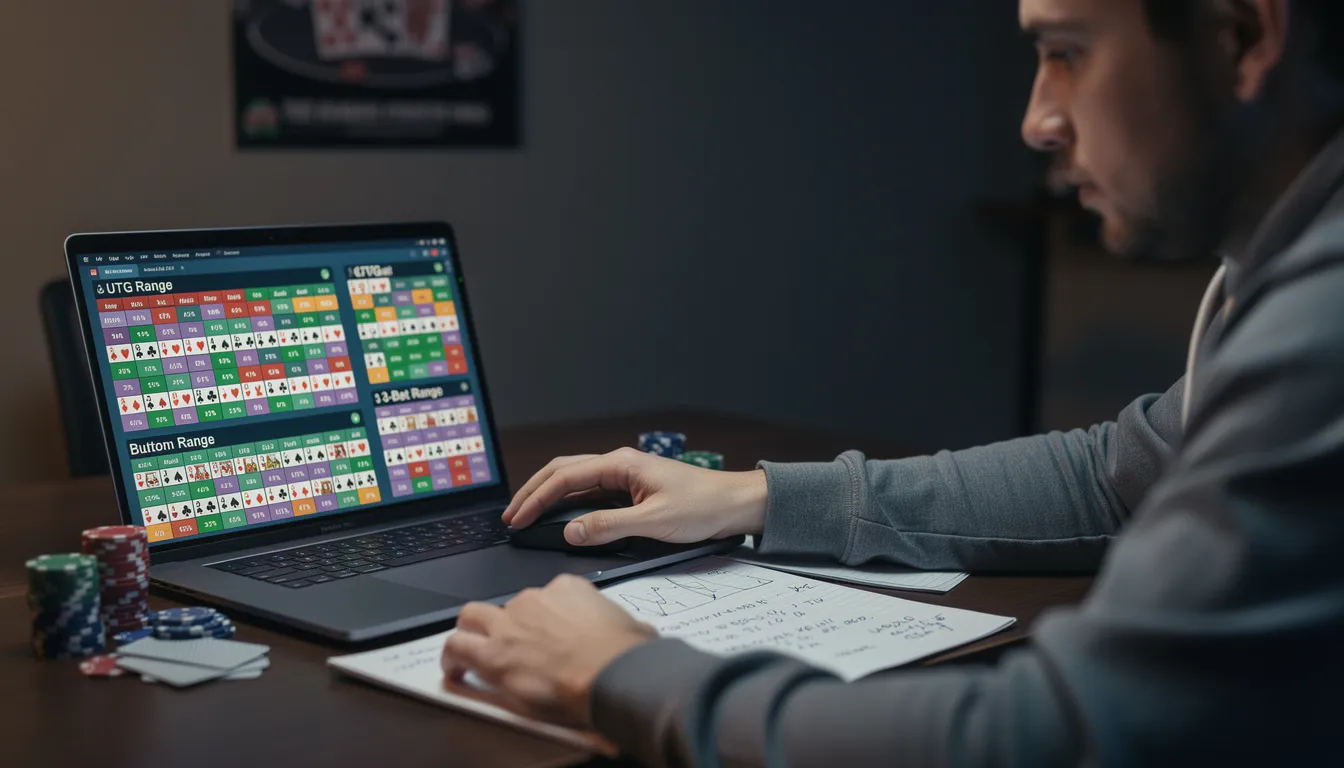 A focused poker player is intently studying hand ranges on a laptop, which displays multiple charts and graphs related to pot limit Omaha (PLO) strategies. The scene highlights the use of advanced poker tools and GTO solutions to enhance understanding of preflop and postflop strategies in cash games.