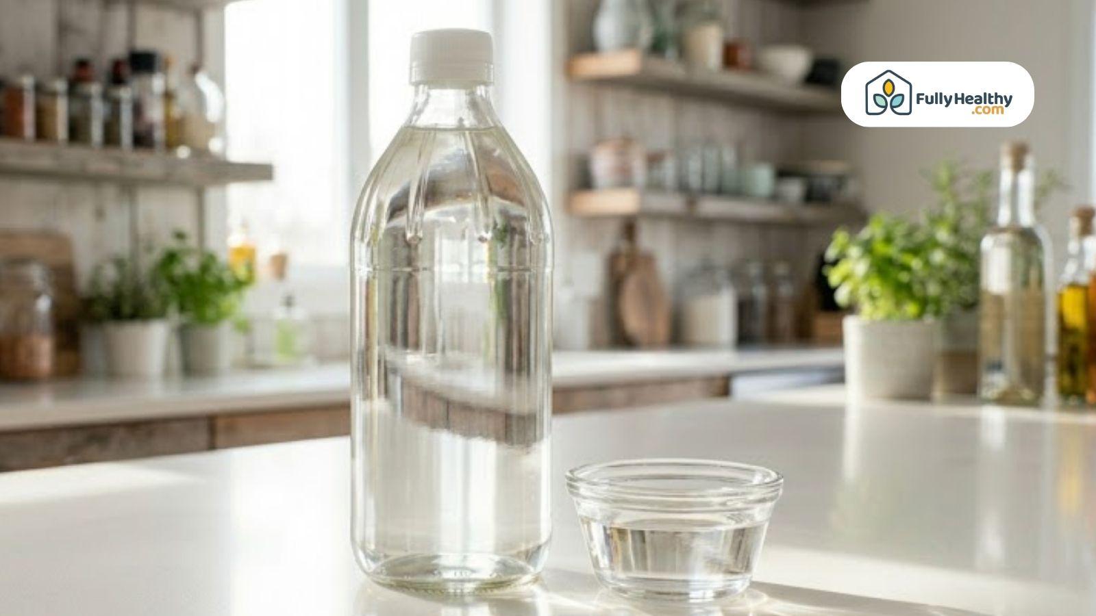 Clear liquid in glass bottle and bowl on kitchen counter.