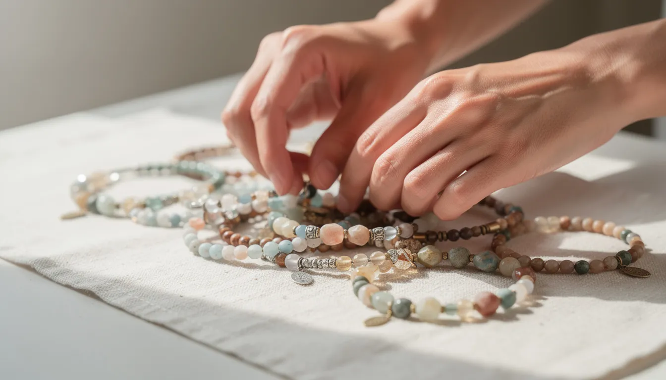 A close-up view captures hands delicately arranging colorful handmade beaded bracelets on a soft linen display cloth, showcasing the intricate craftsmanship and vibrant colors of the jewelry. This image emphasizes the artistry involved in creating unique pieces that can enhance user engagement and boost conversions for artisan markets.
