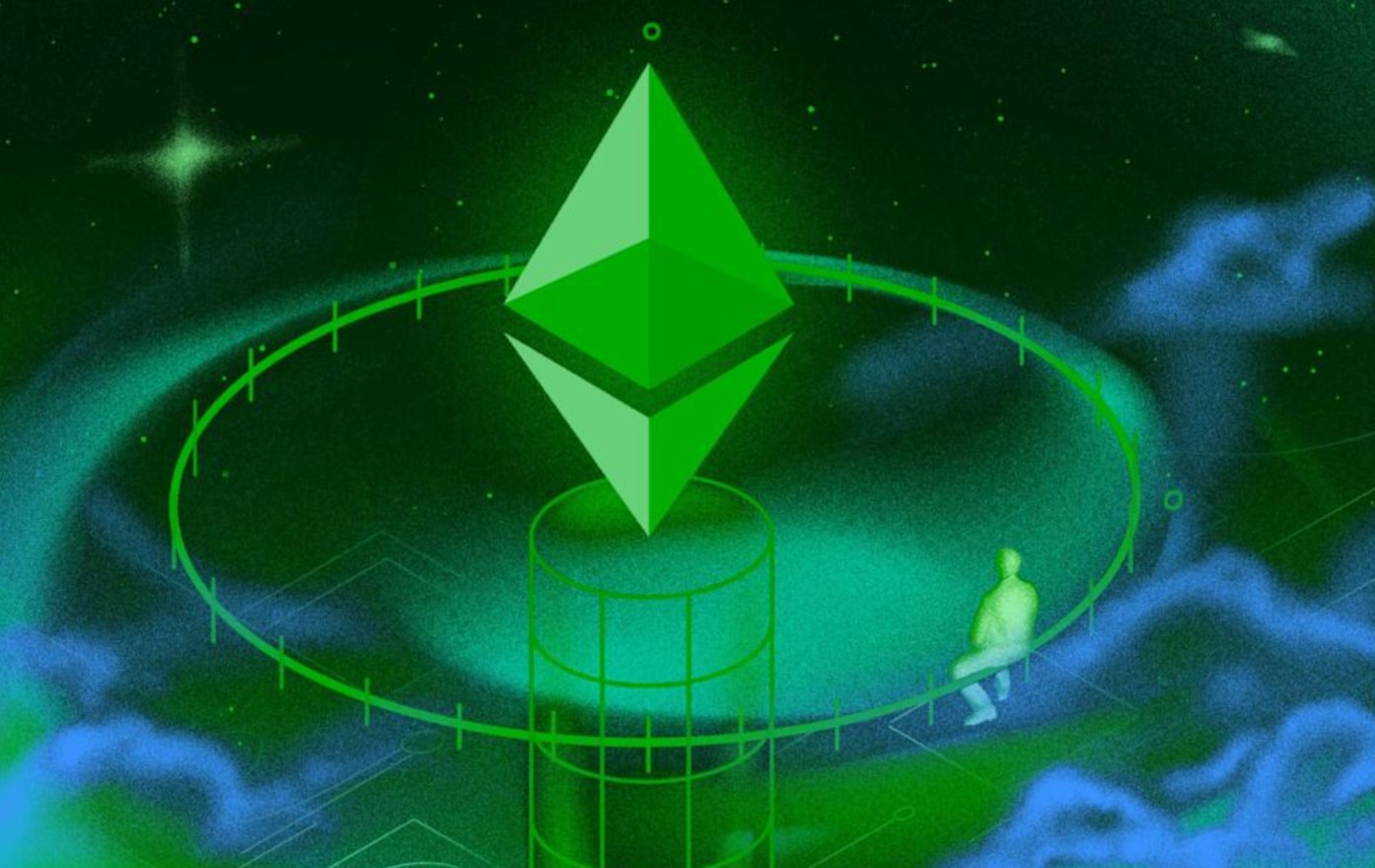 This image depicts an ethereum logo floating in the air, bright green with man observing. 