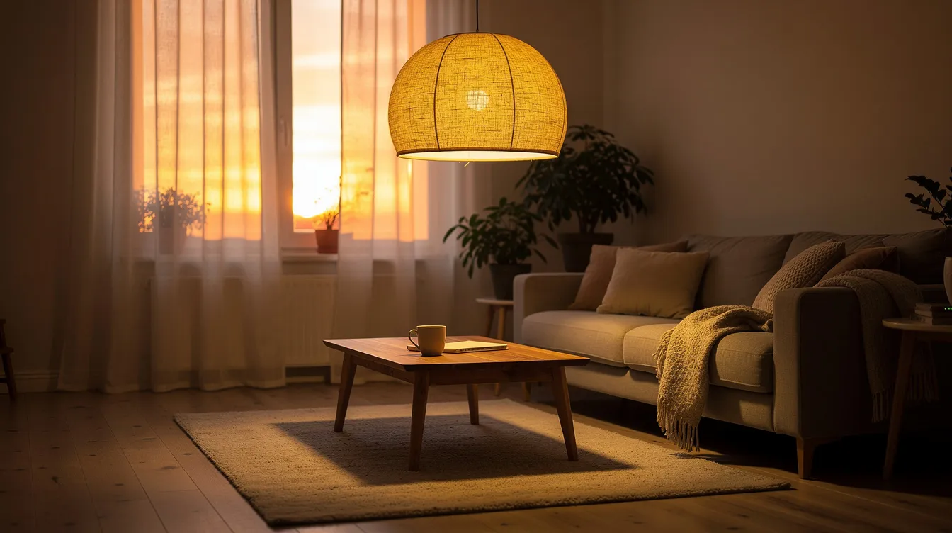 Ett mysigt vardagsrum med ett stort runt tygpendel i linne hängande över ett soffbord, vilket skapar ett behagligt och varmt kvällsljus i rummet. Lampan ger en mjuk belysning som passar perfekt med rummets färger och inredning.