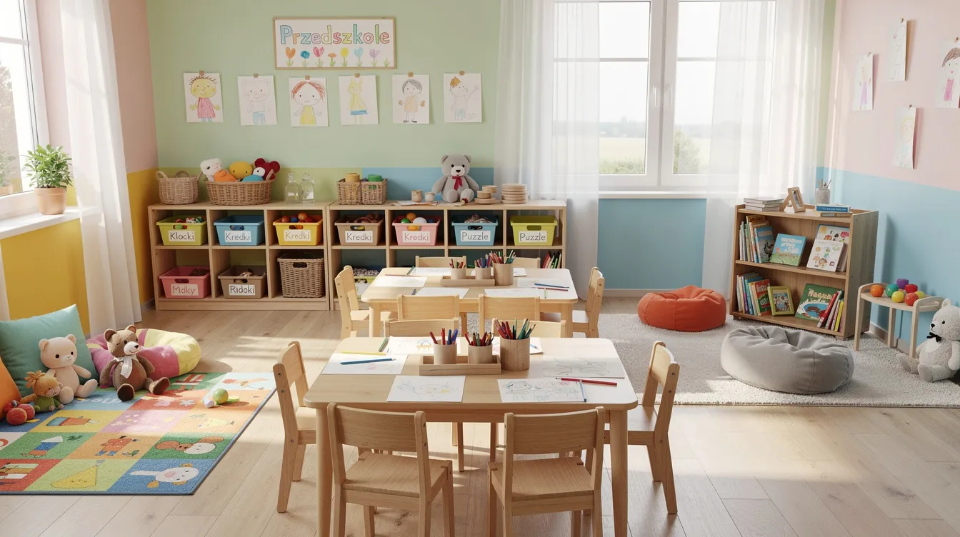 Na obrazku znajduje się kolorowa sala przedszkolna, w której wyraźnie wydzielone są różne kąciki tematyczne, takie jak kącik czytelniczy, kącik przyrodniczy oraz kącik konstrukcyjny. Drewniane meble oraz kolorowe ilustracje tworzą przyjazną przestrzeń dla małych podopiecznych, sprzyjającą ich rozwojowi i zabawie.