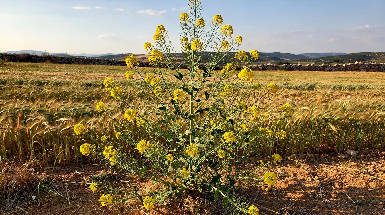 A tall, sprawling mustard plant stands prominently in a sunlit Mediterranean field, surrounded by smaller grain crops, symbolizing the humble beginnings and kingdom growth described in Jesus' parables. Its branches provide shelter, illustrating the concept of faith and the promise of God's kingdom flourishing from small seeds.