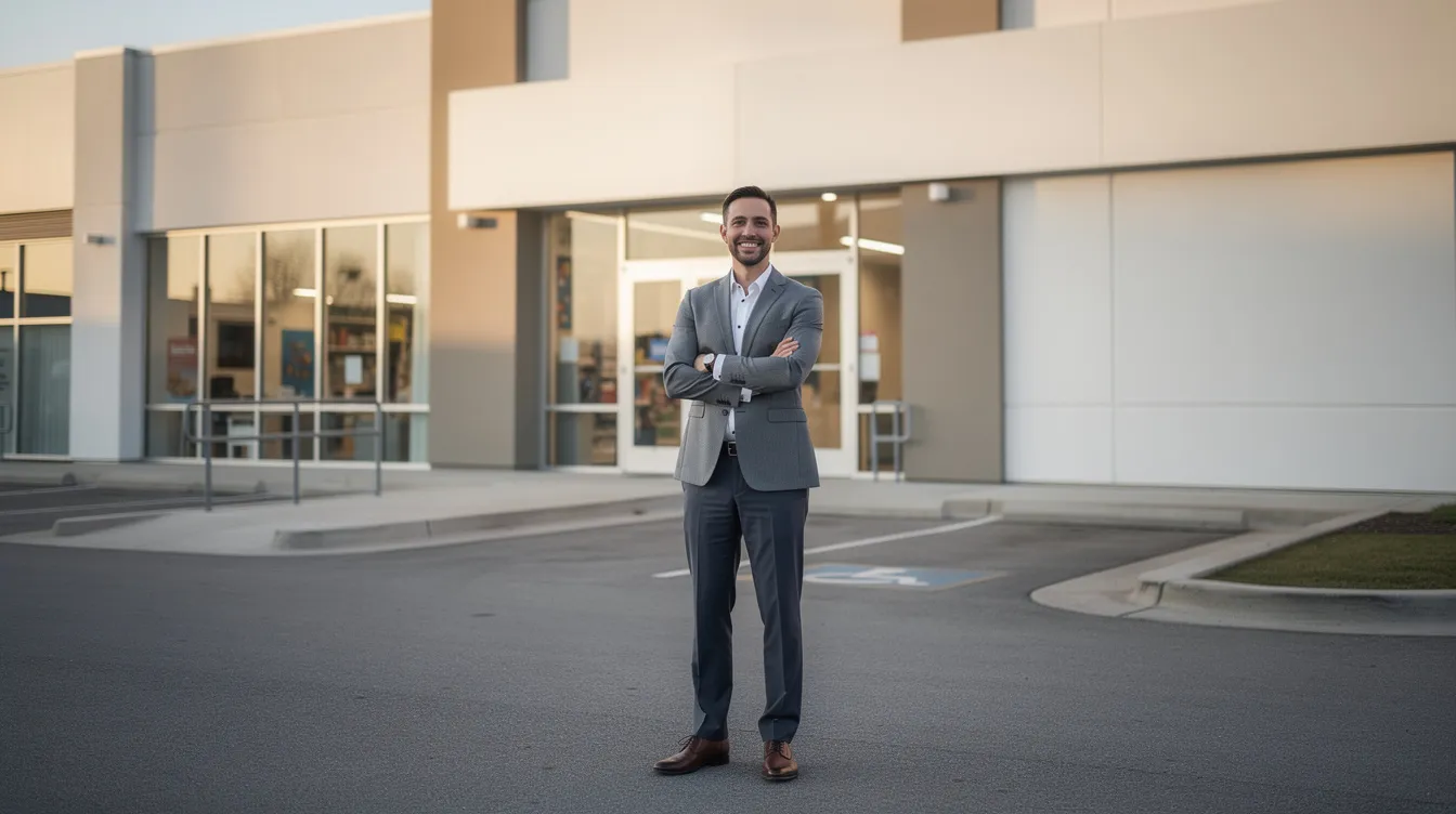 A confident entrepreneur stands proudly in front of a new, non-descript franchise location, embodying the essence of a startup business securing a franchise loan to borrow money. The image captures the determination of business owners seeking to secure funding through various options like startup business loans and lines of credit.