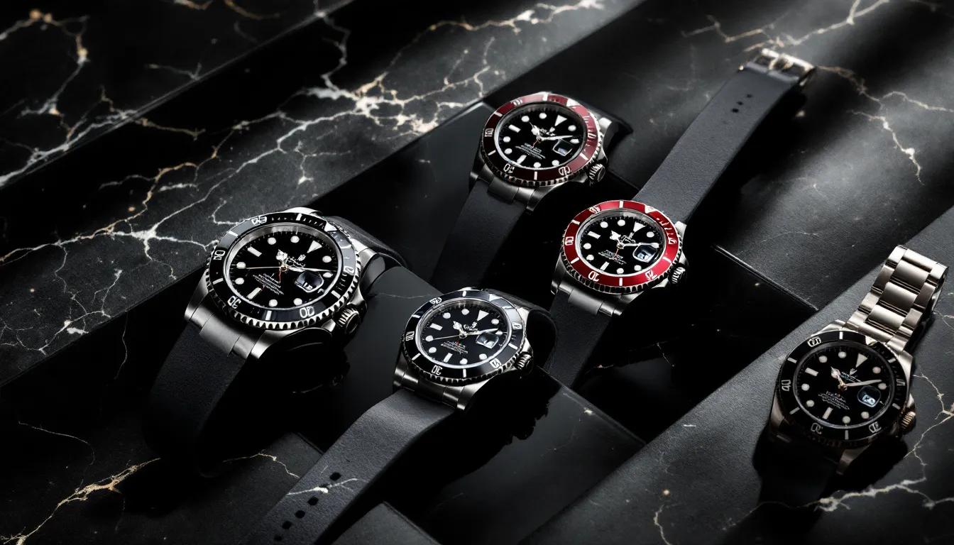 Various top rolex models with rubber straps displayed together.