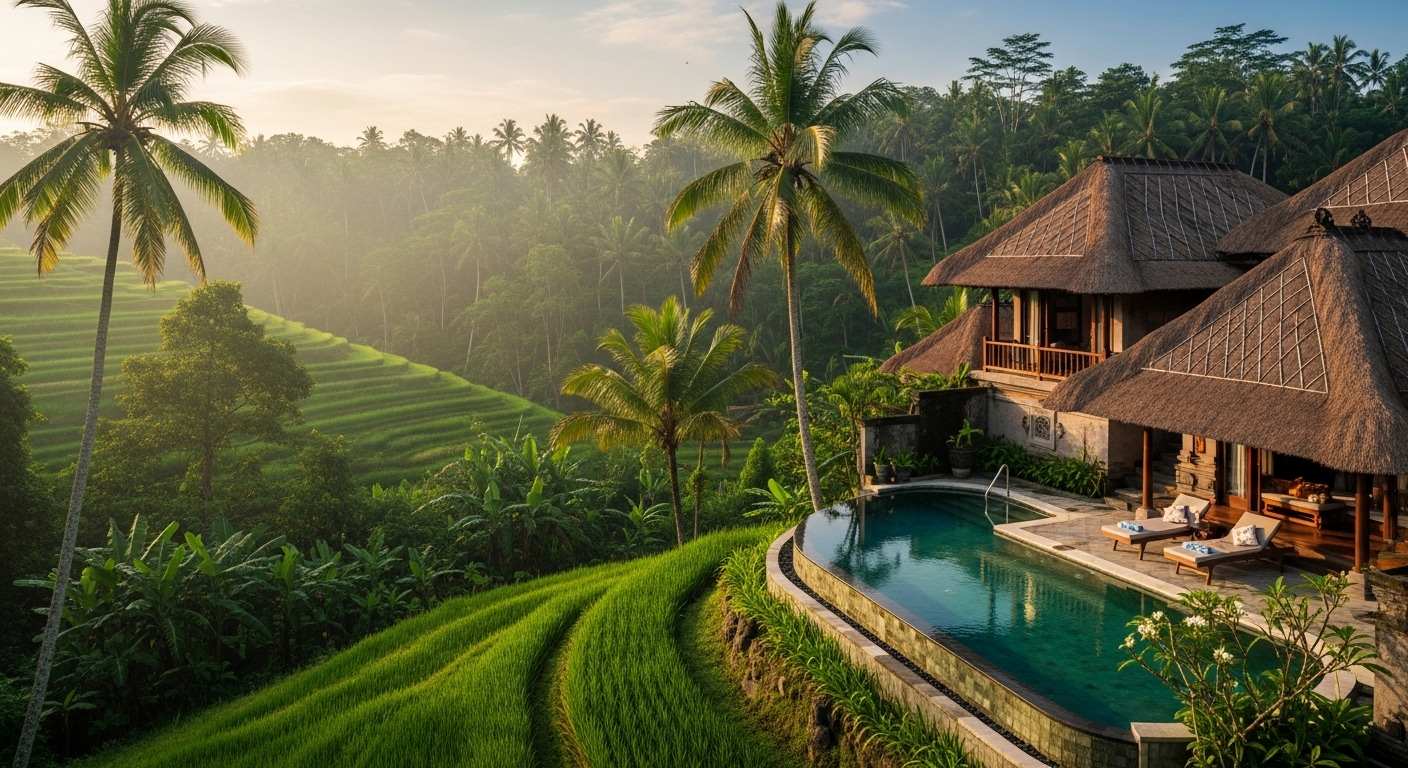 Luxury Bali villa with an infinity pool overlooking tropical jungle and green rice terraces.