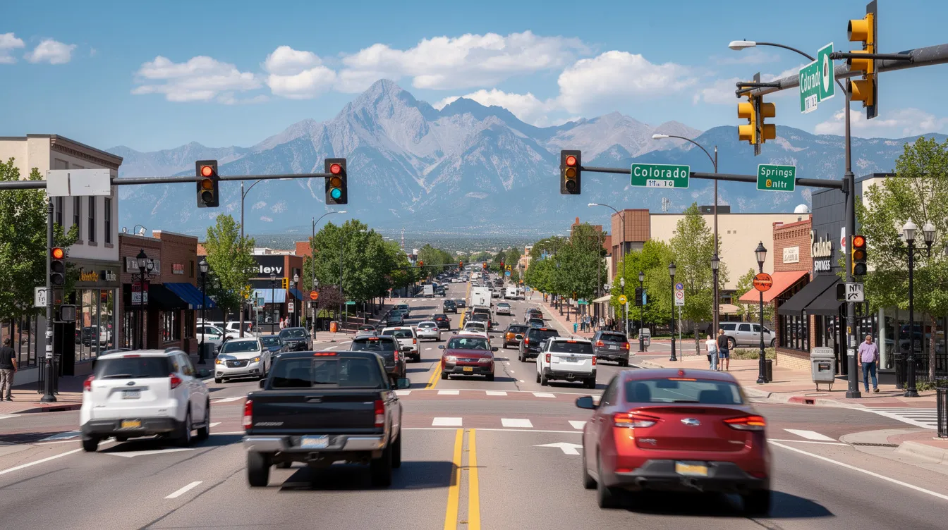 The image depicts a busy intersection in Colorado Springs, with various vehicles navigating through traffic and the picturesque backdrop of mountains visible in the distance. This scene captures the dynamic nature of urban life in Colorado Springs, where car accidents can occur, highlighting the importance of having an experienced car accident lawyer for those affected.