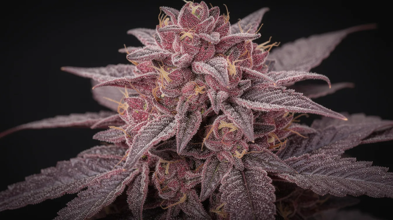 The image showcases dense purple and pink cannabis buds, adorned with frosty white crystal trichomes, set against a dark background. This striking visual represents the Conscious Genetics Frozen Rosé strain, known for its relaxing effects and sweet, fruity aroma.