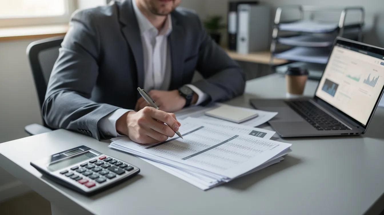A business owner is seated at a desk, intently reviewing financial documents while using a calculator and laptop. This scene illustrates the meticulous process of managing 中小企業 貸款 and assessing various loan options to enhance business financing.