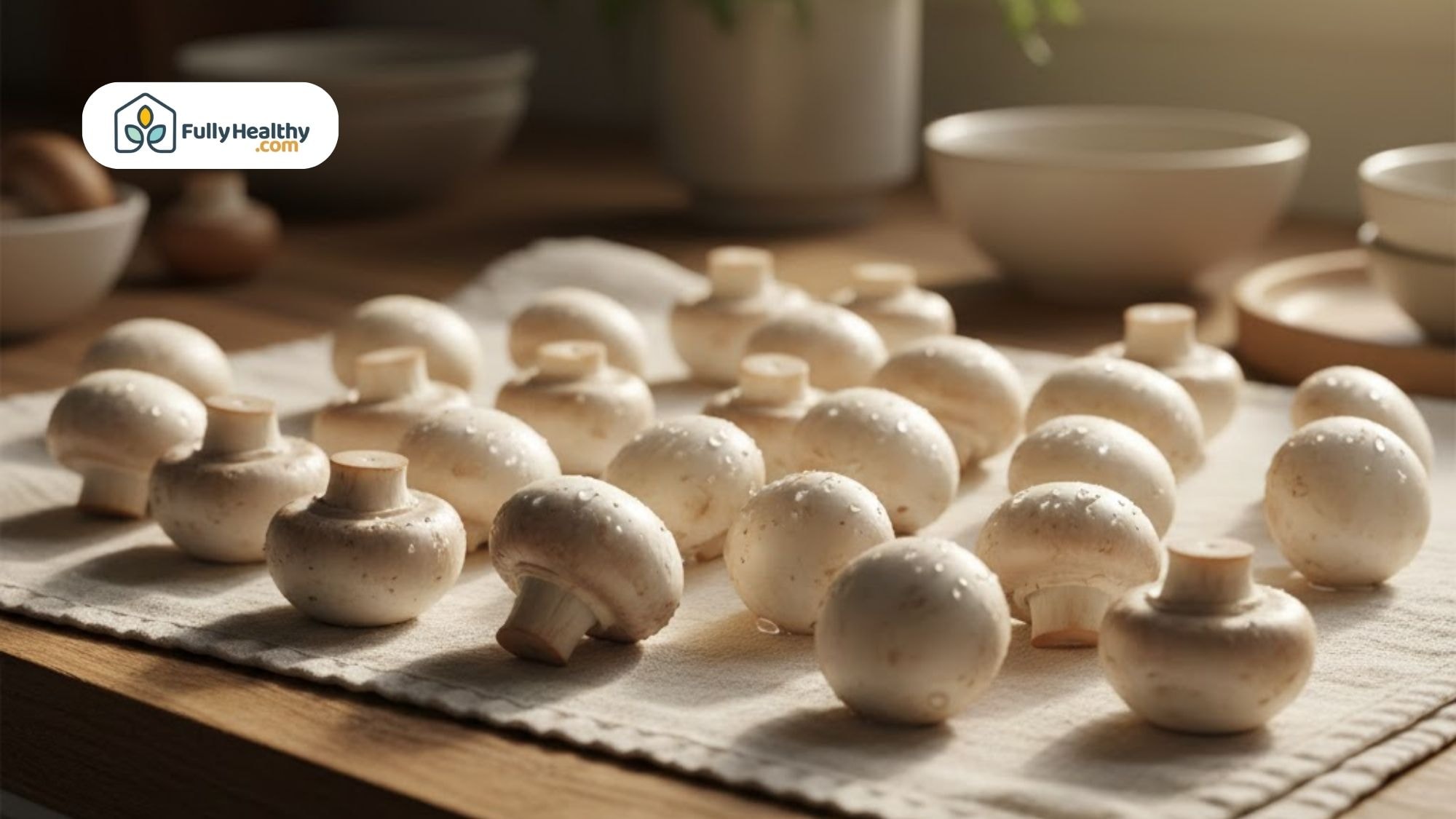 Clean mushrooms drying on a kitchen towel after washing.