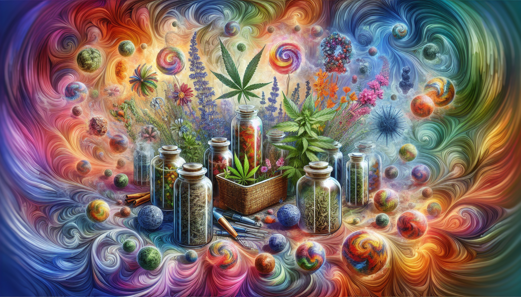 An illustration depicting the creation of Spice, featuring various herbal blends and synthetic cannabinoids.