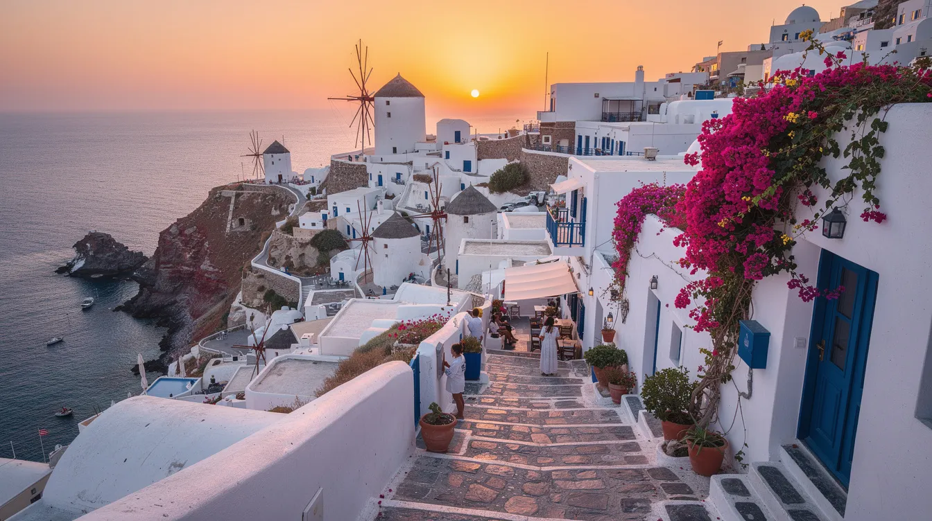 Imagem de Mykonos, uma das ilhas mais famosas da Grécia, com suas casas brancas e azuis à beira-mar, rodeadas por águas cristalinas. O cenário é perfeito para viajantes que buscam destinos paradisíacos, com opções de hotéis e estadias para todos os gostos.