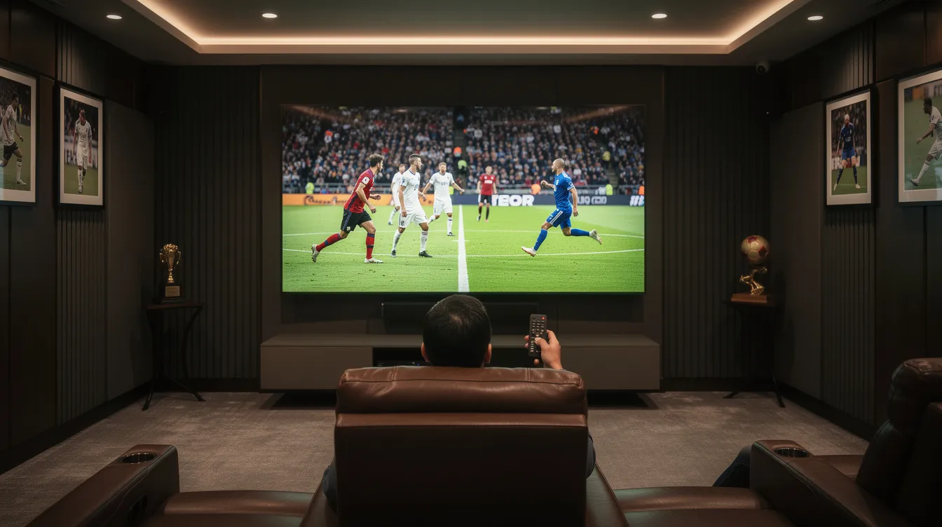 A large 4K television displays an exciting live soccer match in a modern sports-themed home theater, where a person is intently watching the game while holding a remote control. The cinematic lighting enhances the viewing experience, showcasing the vibrant colors of the match, perfect for enjoying premium channels and reliable streams from an IPTV service.