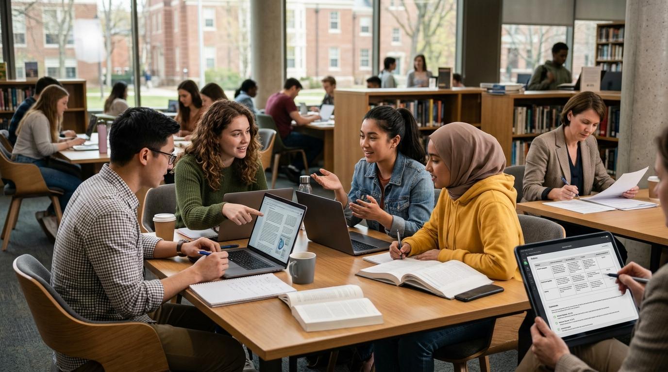 University students collaborating around laptops, researching credible sources and discussing academic topics while an educator reviews AI-generated rubric feedback, professional educational environment.