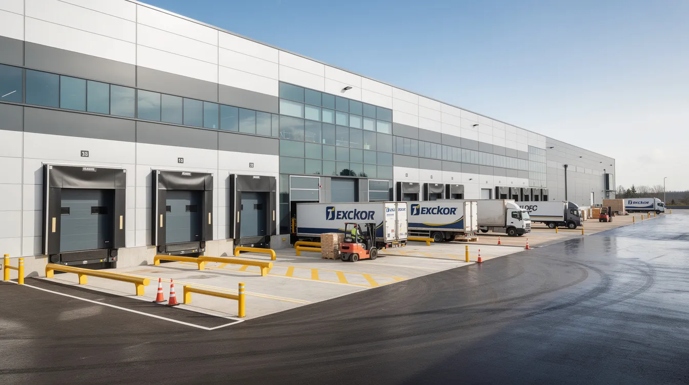 The image depicts a modern distribution center featuring multiple loading docks with delivery trucks parked outside, illustrating the operational efficiency of the wholesale distribution industry. This facility plays a crucial role in supply chain management, enabling wholesalers to manage inventory and fulfill orders for various businesses and retailers.