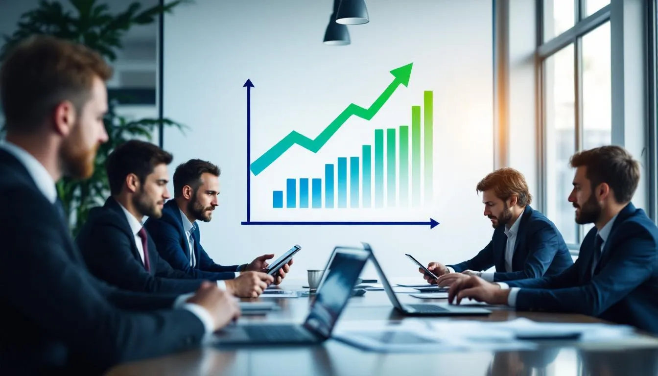 In the image, a business growth chart illustrates an upward trend in revenue, while a group of professional business people analyze data in the background. This scene highlights the importance of effective sales training programs in enhancing sales skills and driving sales success for teams and organizations.