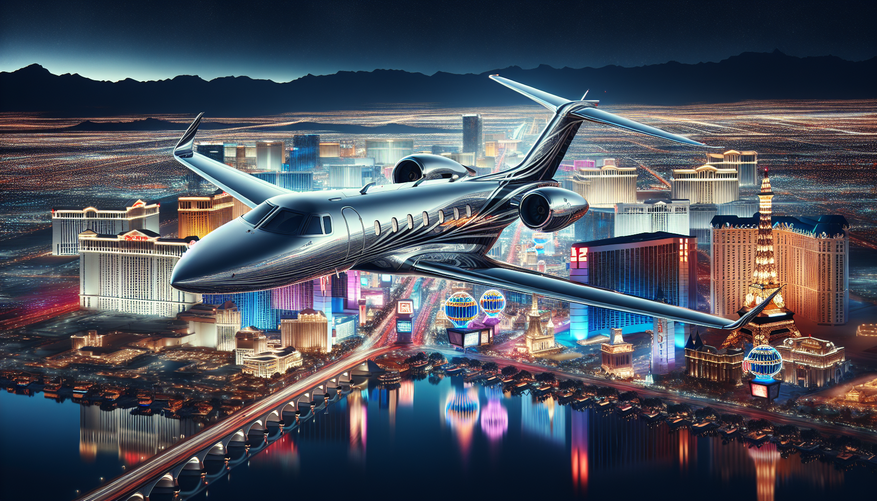 Private jet flying over the iconic Las Vegas skyline