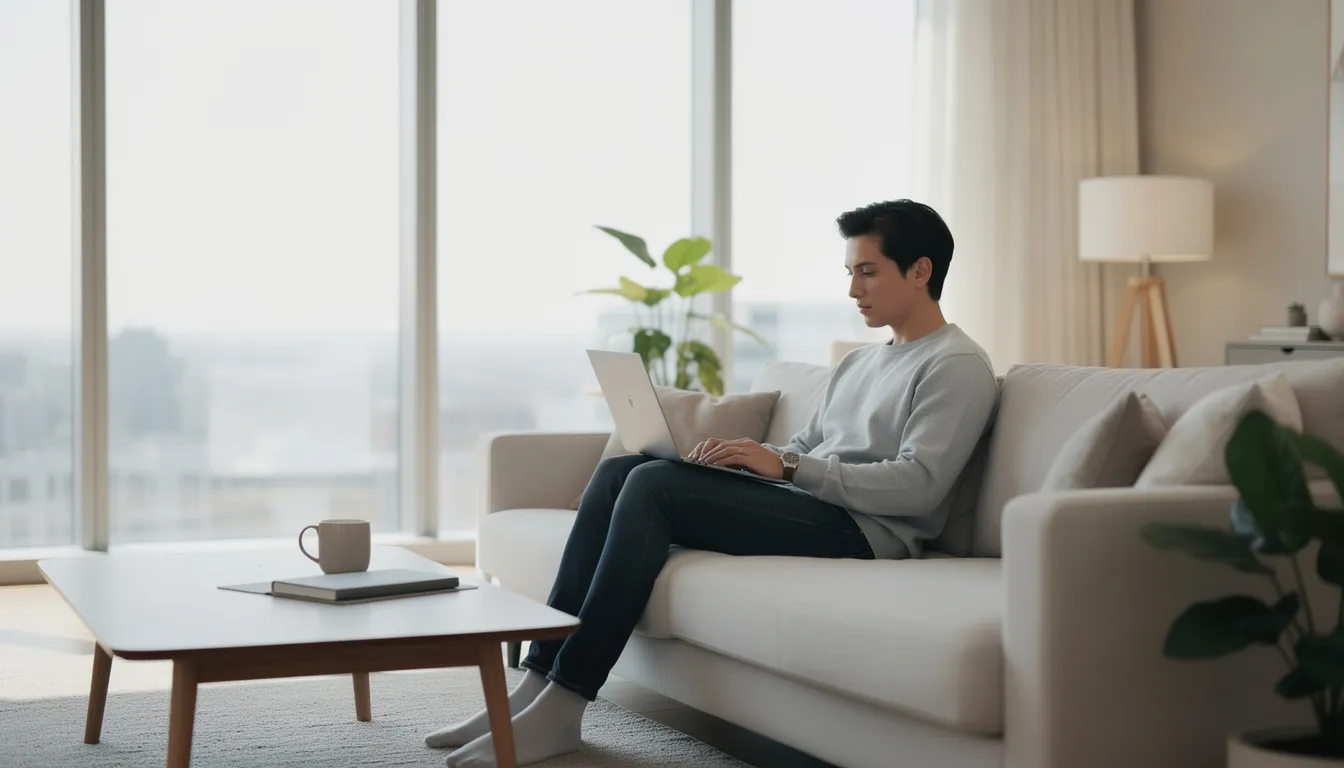 A person is seated on a comfortable sofa in a contemporary living room, focused on using a laptop computer. The setting features stylish decor, and the individual appears engaged in a task related to a website, possibly checking emails or browsing pages for pragmatic play or คา สิ โน activities.
