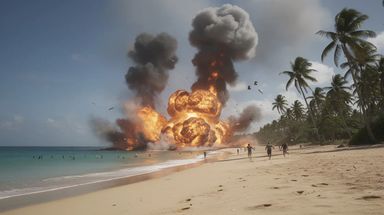 Ein tropischer Strand mit hohen Palmen wird von einer großen Explosion erschüttert, während Rauchwolken in den Himmel aufsteigen. Am Ufer rennen kleine Gestalten, möglicherweise Rebellen aus dem Star Wars-Universum, in Panik, während das Chaos um sie herum entfaltet wird.