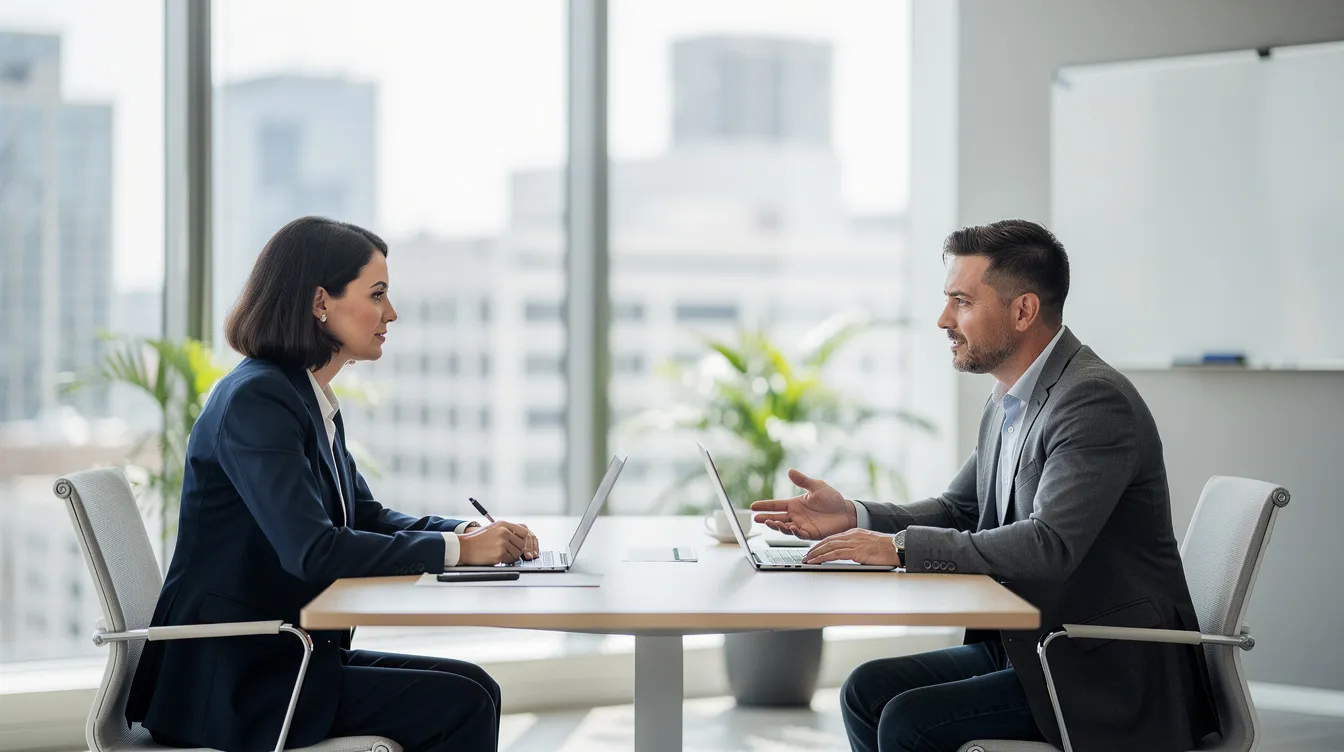 The image depicts two professionals engaged in a consultation meeting within a modern office environment, discussing financial matters such as loan applications and credit assessments. The setting is sleek and well-lit, emphasizing a professional atmosphere suitable for discussions about private loans and financial services.