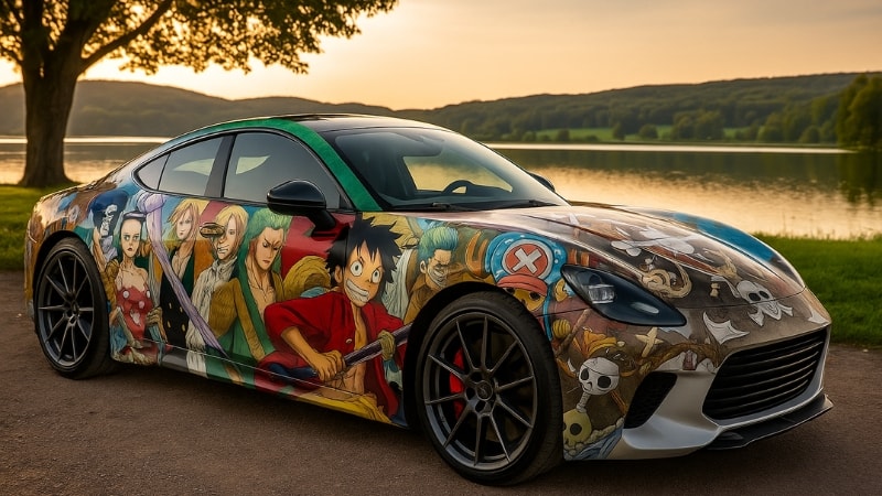 Car wrapped in anime vinyl wrap featuring characters of One Piece series