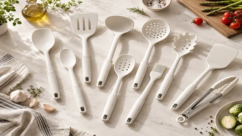 A coordinated silicone utensil range showing turners, spoons, spatulas, ladles, skimmers, tongs, and other common functions.
