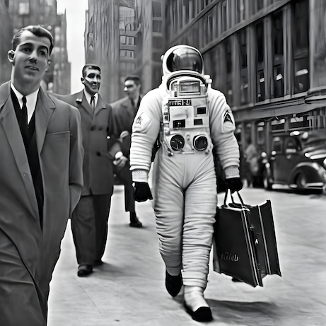 An astronaut in New York, with 3 men beside him. Their faces are distorted, giving an uncanny-valley feeling