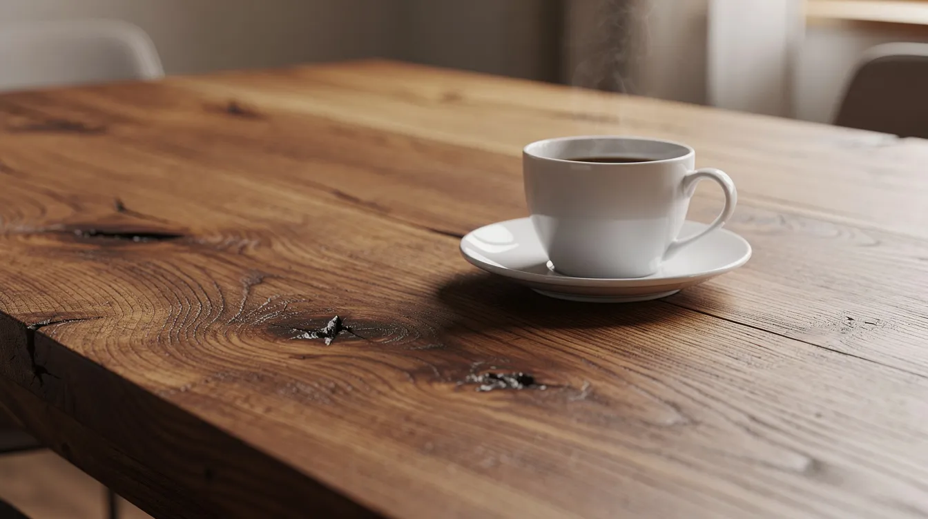 Närbild av en massiv ekskiva med tydlig träådring, placerad på ett bord, tillsammans med en kaffekopp. Den naturliga skönheten i träet framhäver det eleganta och robusta utseendet på matbordet.