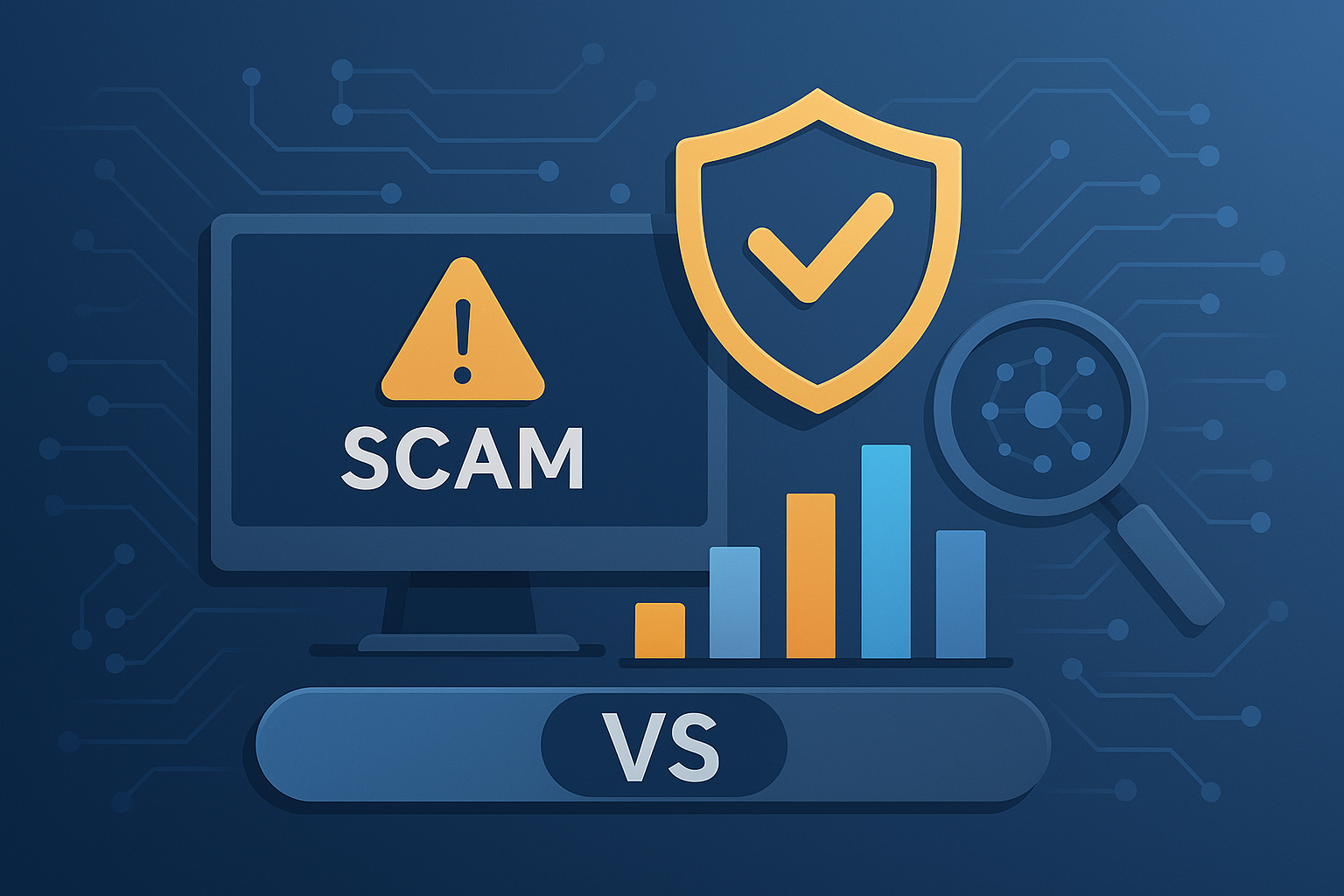 A digital illustration in a modern, flat design style shows a scam detection comparison dashboard with charts, alert icons, and shield graphics—ideal as a header image for an article comparing fraud prevention tools like InsightsBet.