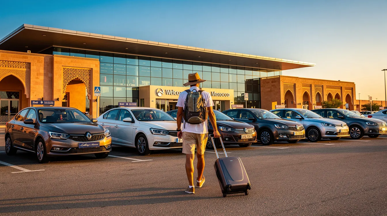 A traveler is walking towards a row of rental cars parked outside a sunny Moroccan airport terminal, ready to explore the world with the best car rental service. The scene captures the excitement of picking up a vehicle for an adventure, highlighting the convenience of car rental options available at the location.