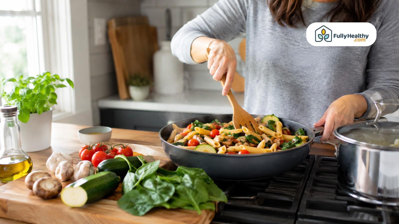 Home cook tossing vegetable pasta with tomatoes, zucchini, spinach, mushrooms, and garlic