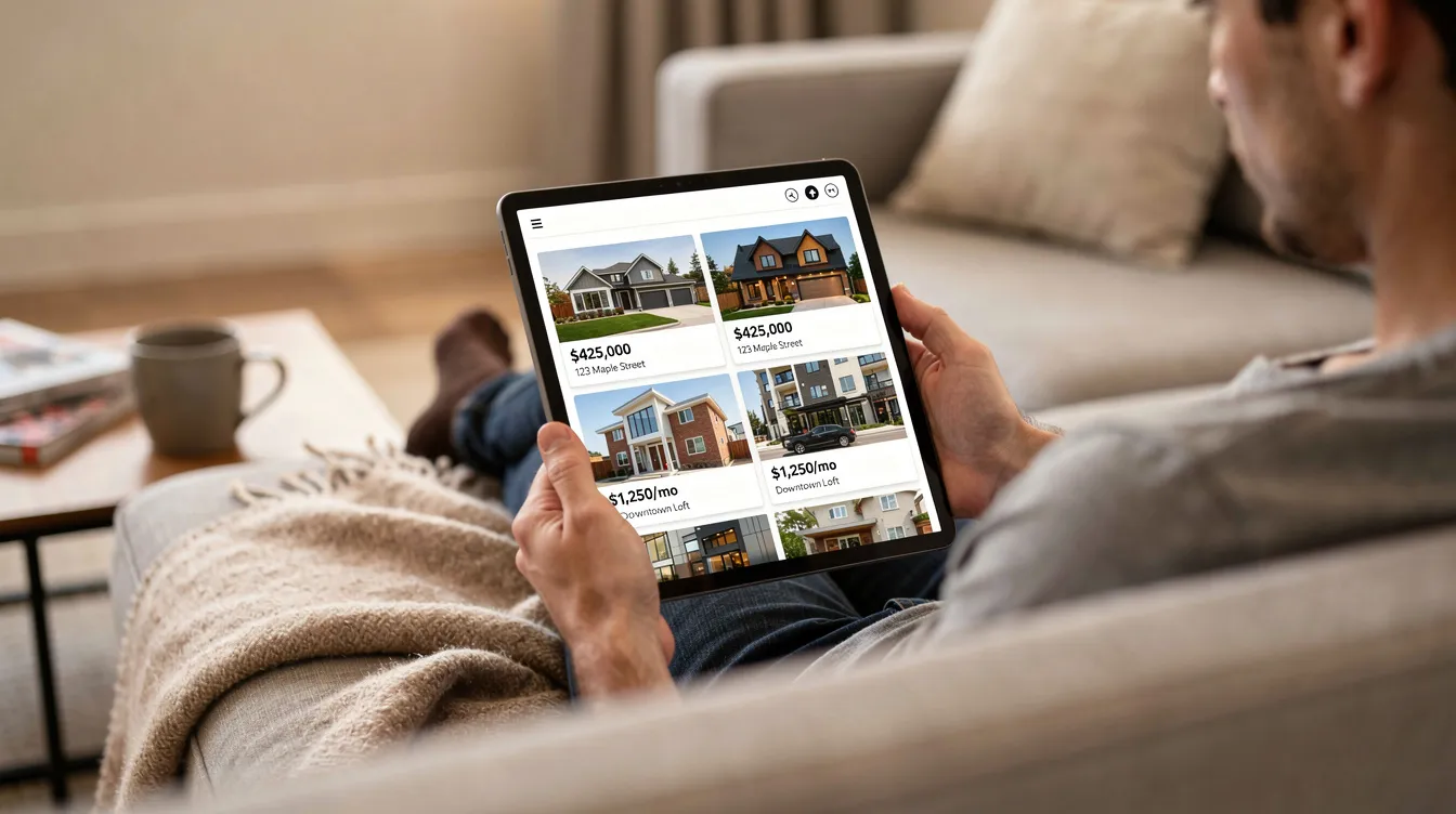 A person is seated comfortably on a sofa, intently browsing real estate listings on a tablet, which displays several well-maintained home photos. This scene captures the process of potential buyers seeking properties that are move-in ready and highlights the importance of professional home staging in attracting interest in the local market.