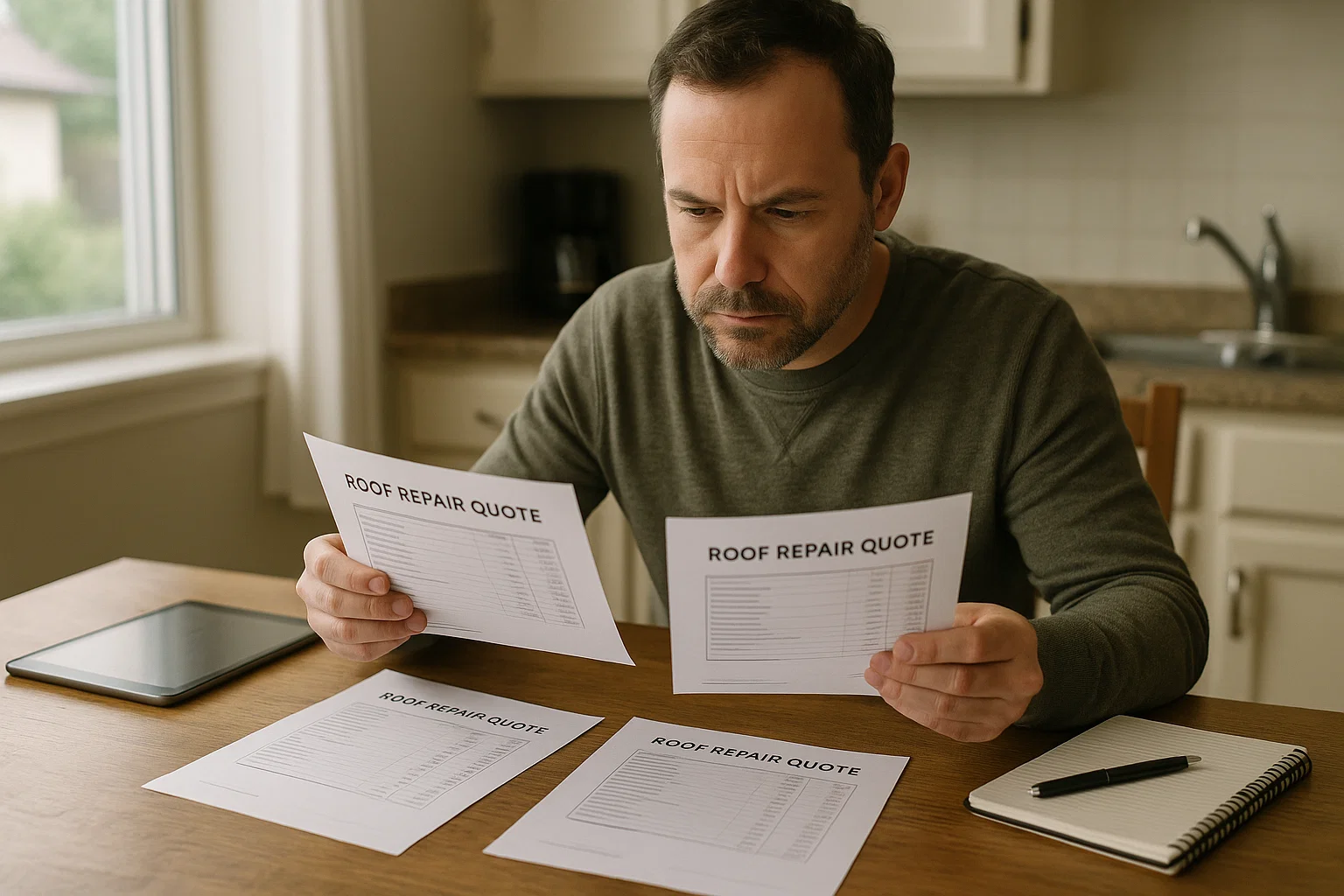 Homeowner comparing different roof repair quotes to understand cost differences