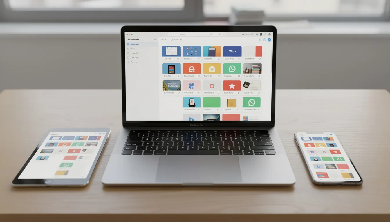 Laptop, tablet, and smartphone displaying synchronized bookmark collections