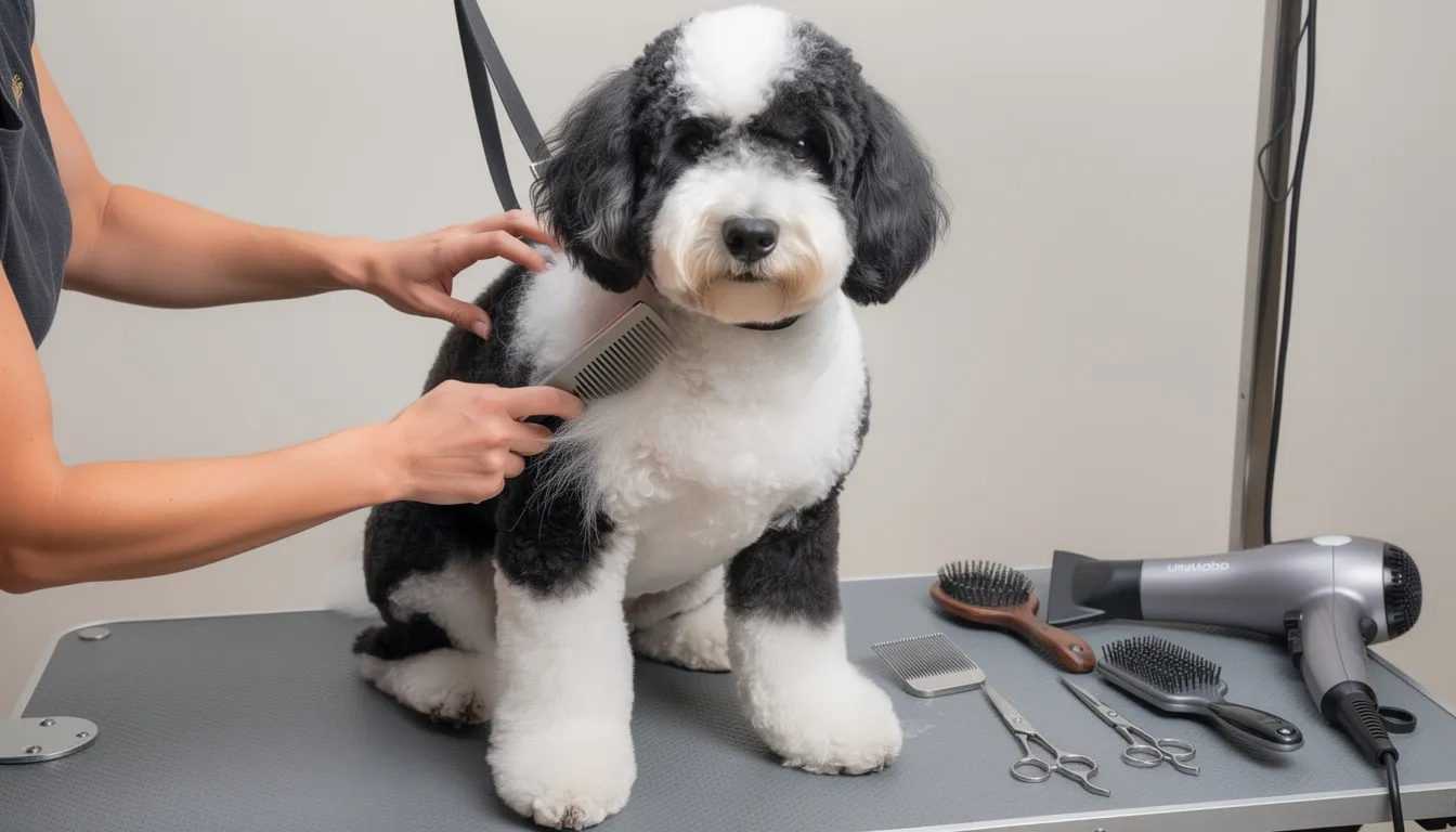 A fluffy Sheepadoodle is being professionally groomed, showcasing a brushing technique with specialized grooming tools that help maintain its beautiful black and white coat. The attentive groomer ensures the dog's coat is properly cared for, highlighting the importance of regular grooming for this affectionate family dog.