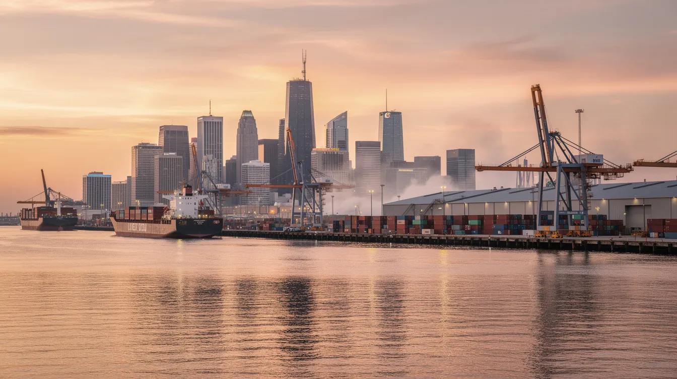 The image depicts the Houston skyline with an industrial port in the background, showcasing the bustling maritime activity in the area. This scene reflects the significance of maritime law in Houston, particularly in cases of maritime accidents and the rights of injured maritime workers.