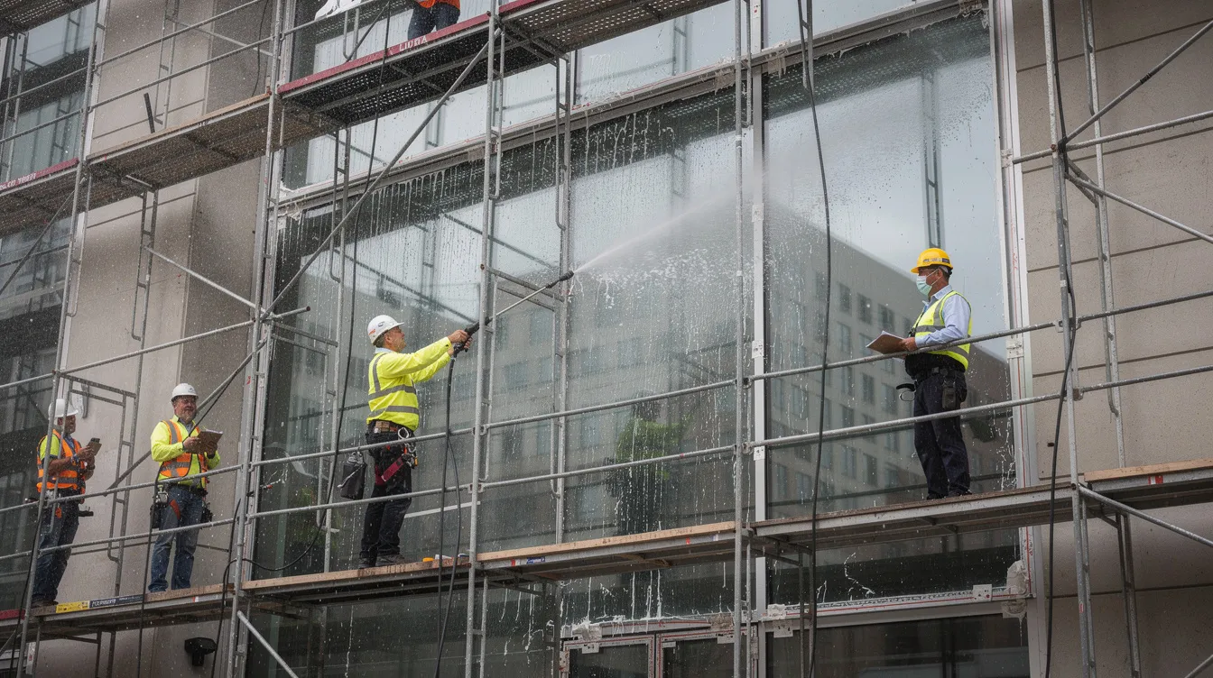 A construction crew is conducting a water spray test on a newly installed commercial window from scaffolding, ensuring compliance with quality assurance standards and preventing defects in the building's components. This essential quality control step is part of the construction process to maintain consistent quality throughout the project lifecycle.