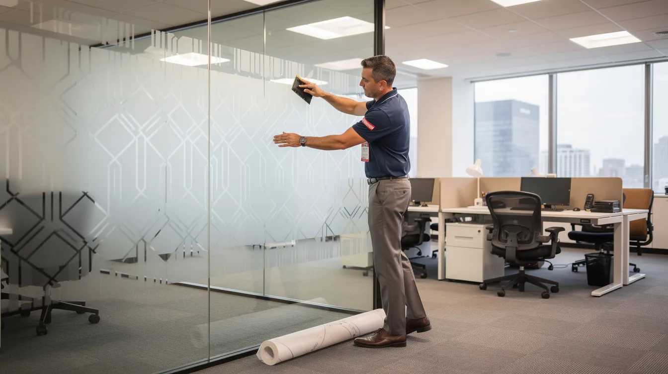 A franchise owner is carefully applying decorative film to a large glass office partition in a sleek, modern commercial building, showcasing their commitment to enhancing the workspace. This scene reflects the entrepreneurial spirit of franchise owners in the booming home services industry, where successful business models and ongoing support are essential for growth and customer satisfaction.
