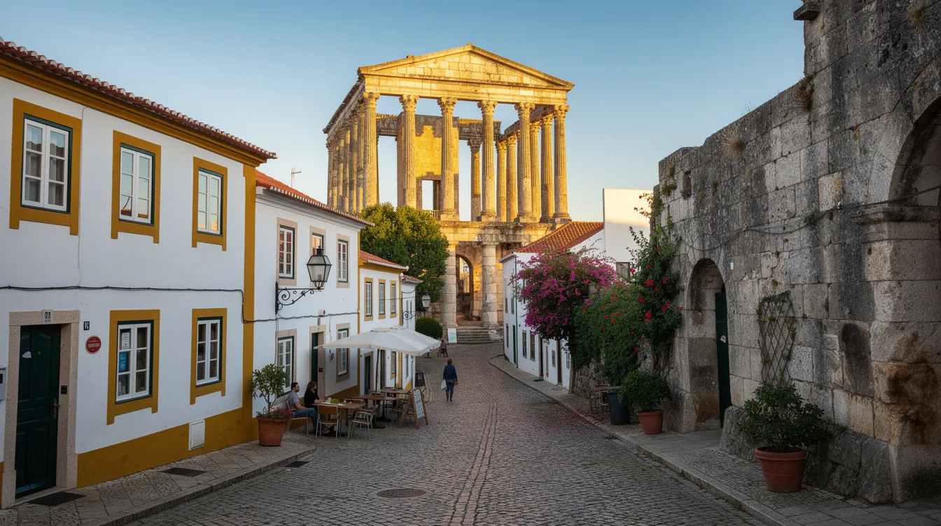 A imagem retrata a cidade de Évora, em Portugal, famosa por seu centro histórico repleto de monumentos e ruas de paralelepípedos. Ao fundo, destaca-se a imponente muralha que cerca a cidade, enquanto a atmosfera tranquila convida a uma experiência cultural rica, ideal para turistas que buscam explorar a história e a arquitetura local.