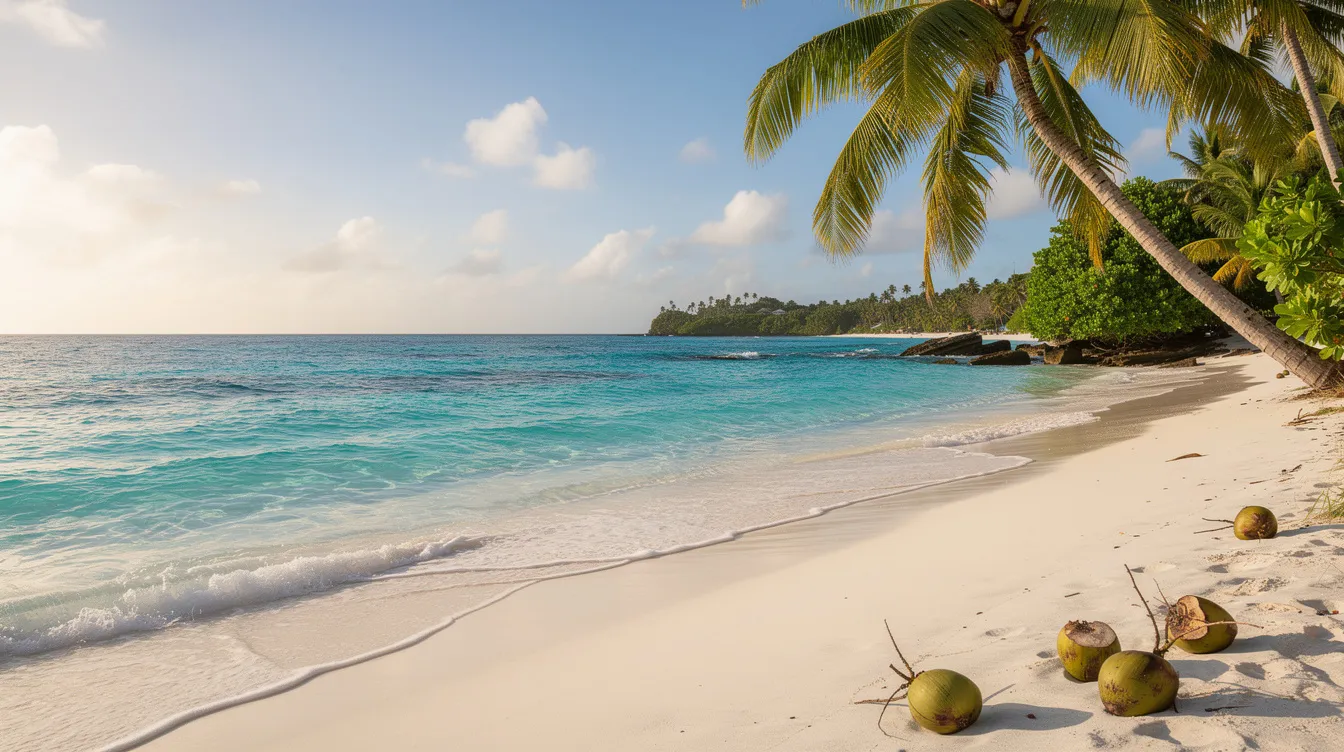The image depicts the stunning turquoise Caribbean waters gently lapping against a pristine white sand beach, framed by lush palm trees, creating a perfect tropical paradise. This idyllic scene is reminiscent of Cancun's hotel zone, ideal for beach days and snorkeling tours.