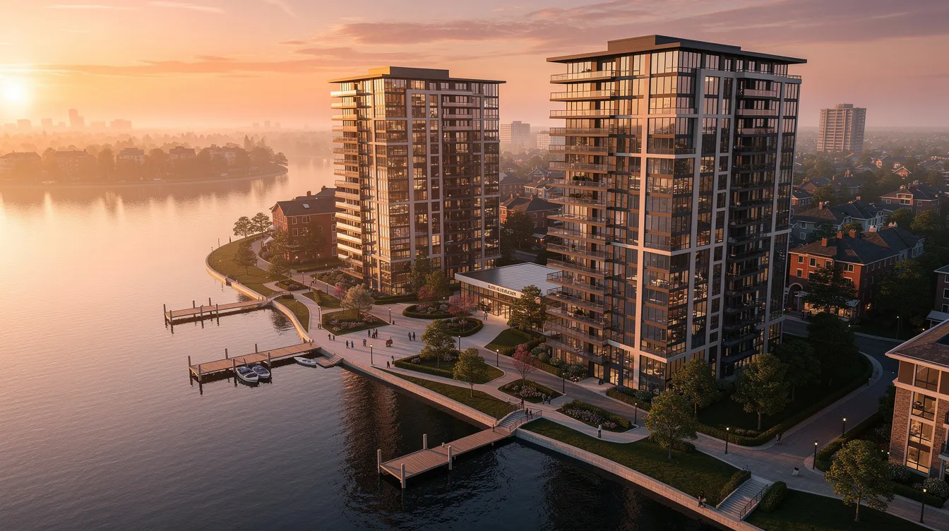 An aerial view captures modern waterfront condominium towers, including Aqualuna, overlooking Lake Ontario at sunset, with vibrant colors reflecting on the water. The scene highlights the beautiful Toronto's waterfront, showcasing the luxurious outdoor pool and terraces, as well as the proximity to amenities like cafes and restaurants along the water's edge promenade.