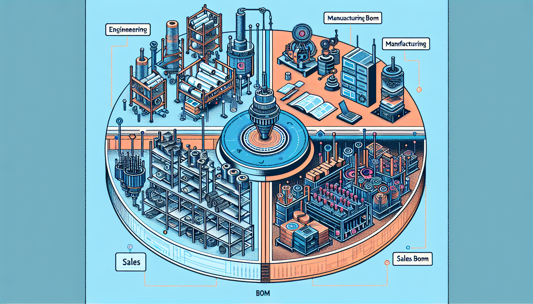 Illustration of different types of BOMs including engineering, manufacturing, and sales