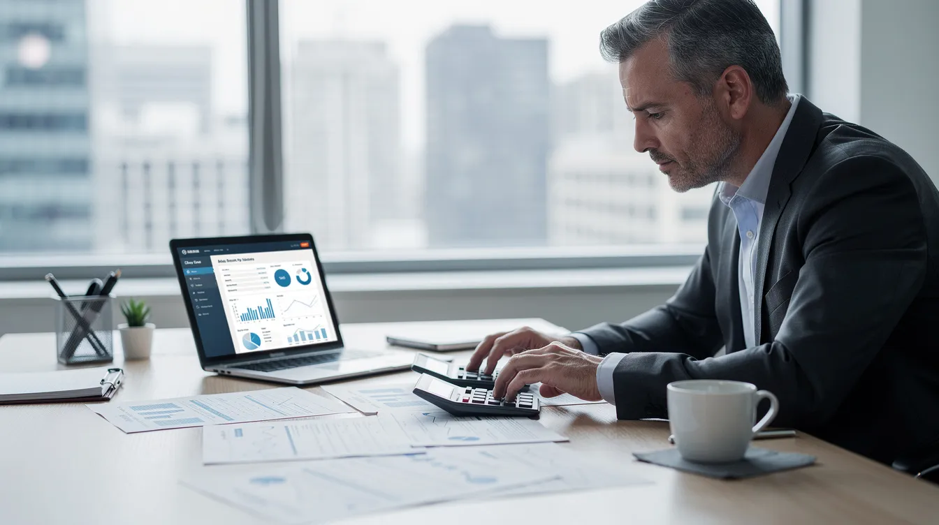 A business owner sits at a desk, reviewing financial documents alongside a calculator and an open laptop, focused on managing business taxes and ensuring compliance with Arizona regulations. This scene highlights the importance of proper documentation and tax planning for small business owners, including payroll taxes and sales tax considerations.