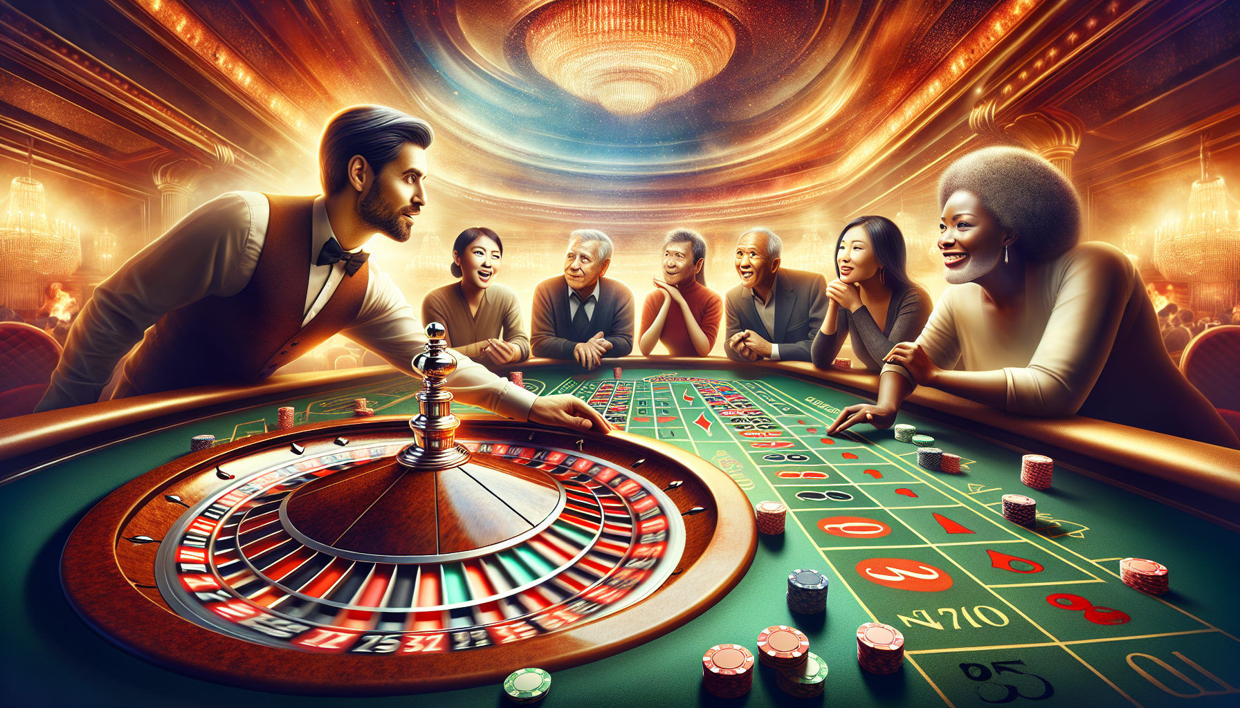 Illustration of a live roulette table with a dealer and players