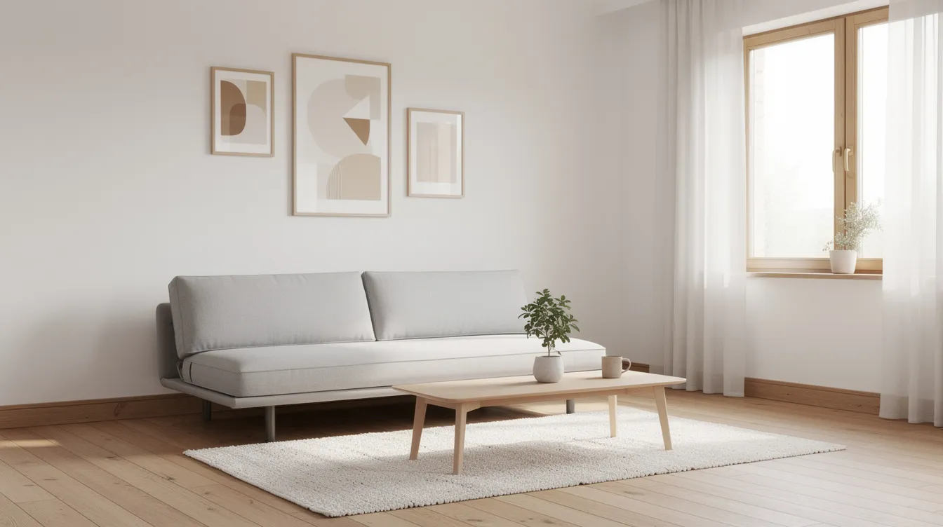 Ett modernt vardagsrum med en stilren bäddsoffa i skandinavisk design, som har en schäslong och är perfekt för mindre rum. Rummet har ljusa väggar och trädetaljer, vilket ger en varm och inbjudande atmosfär.