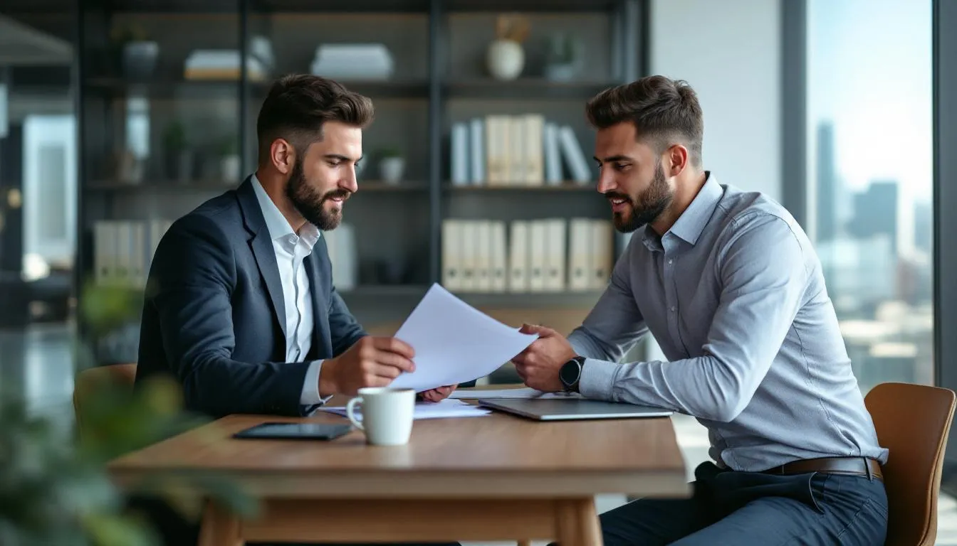 A financial advisor is seated across from a business owner, reviewing pension plan documents related to an overfunded defined benefit plan. The meeting focuses on the implications of excess assets and the potential for terminating the plan while ensuring compliance with IRS regulations.