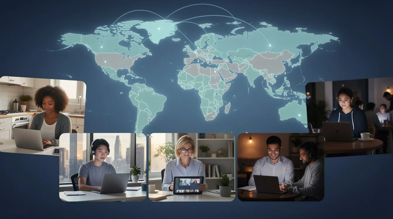 The image depicts a diverse group of professionals working remotely from various locations, all connected by a world map. This visual emphasizes the concept of a global workforce, highlighting the importance of international payroll and compliance support for managing payments across different countries.