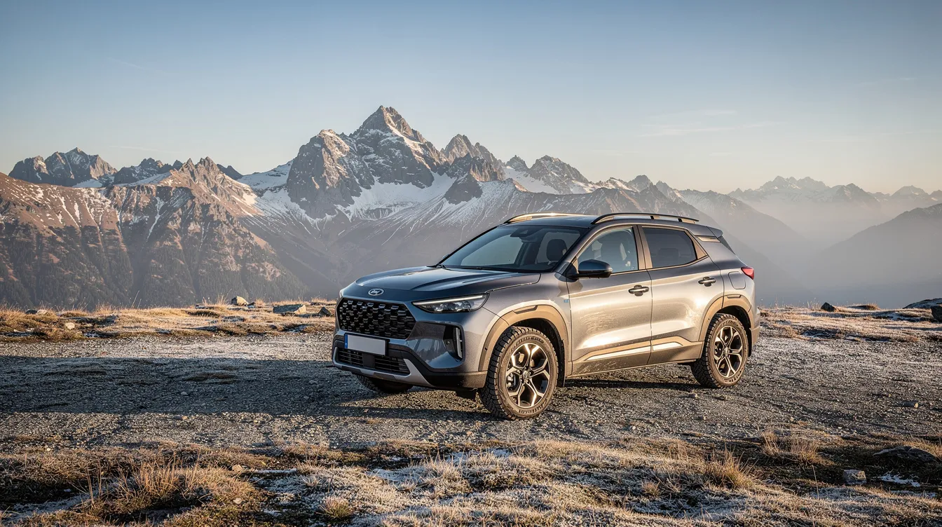 SUV صغيرة واقفة فهضبة جبلية وموراها قمم الأطلس عامرين بالثلج.