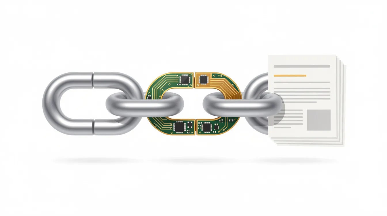 The image features three interlocking chain links, symbolizing the connections between people, technology, and processes. One link is made of metal, representing security controls; the second is crafted from circuit board material, reflecting emerging technologies; and the third consists of paper documents, signifying the importance of security awareness in combating cyber threats like phishing attacks.